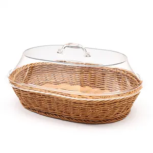 Classic Woven Bread Basket with Clear Acrylic Lid, Durable Washable Food Tray for Kitchen Picnic Home Display, Ideal Storage Organizer, Fruit Basket