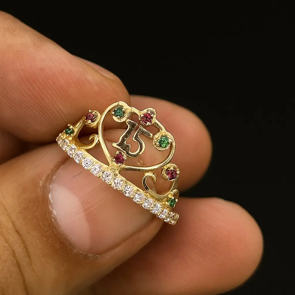 CZ Colorful Sweet 15 Ring 14K Yellow Gold Quinceañera Rings for Girls Womens #7