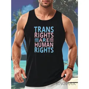 Men's Smooth Cotton Sleeveless Tank Top - Relaxed Fit Crew Neck, Menswear "Trans Rights Are Human Rights" Black Graphic with Blue & Pink Lettering, LGBTQ+ Pride Fitness Gym Fashion Apparel, Machine Washable Summer Sleeveless Cami Men's Sports Vest