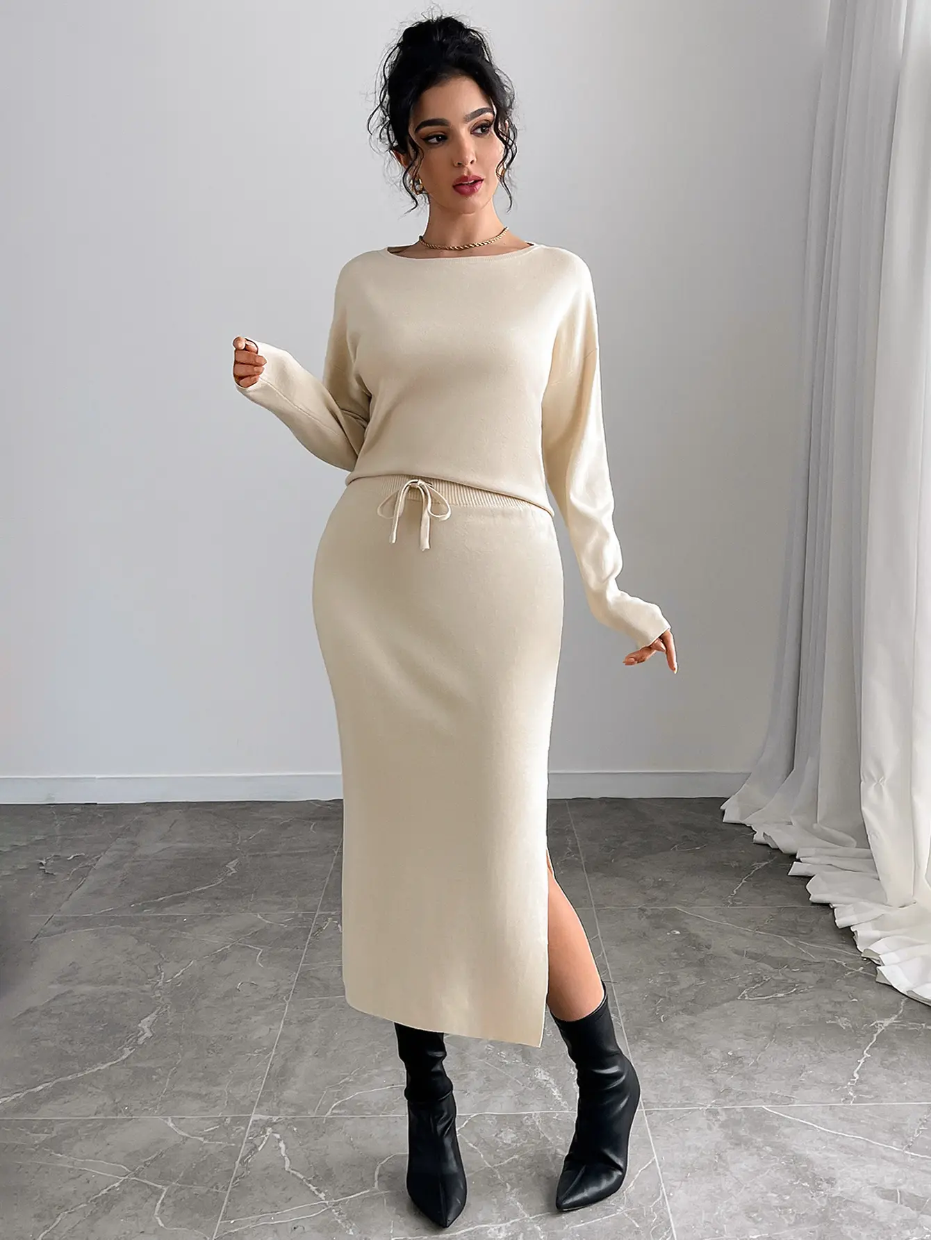 KNITIC Women's 2-Piece Knitted Fabric Set - Elegant Bodycon Long Sleeve Boatneck Top & Asymmetrical Split Midi Skirt for Office Wear Suit Clothes