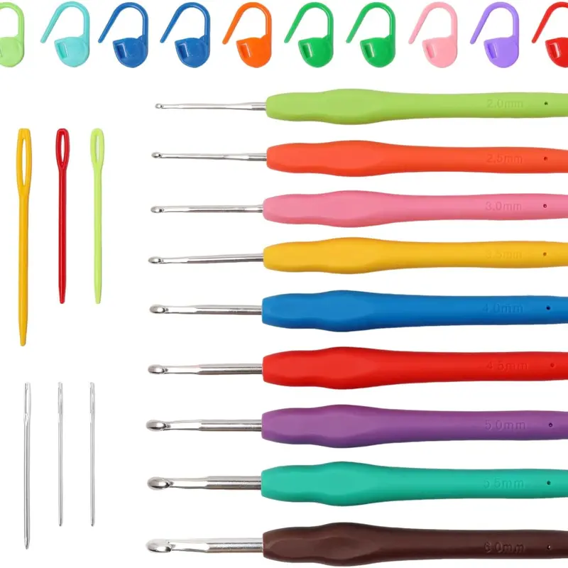 9PCS Ergonomic Aluminum Hook Crochet Set with Soft Silicone Handles, 2-6mm Complete Set for Beginner DIY Projects Including With Handle Crochet & Knitting Tools Accessories