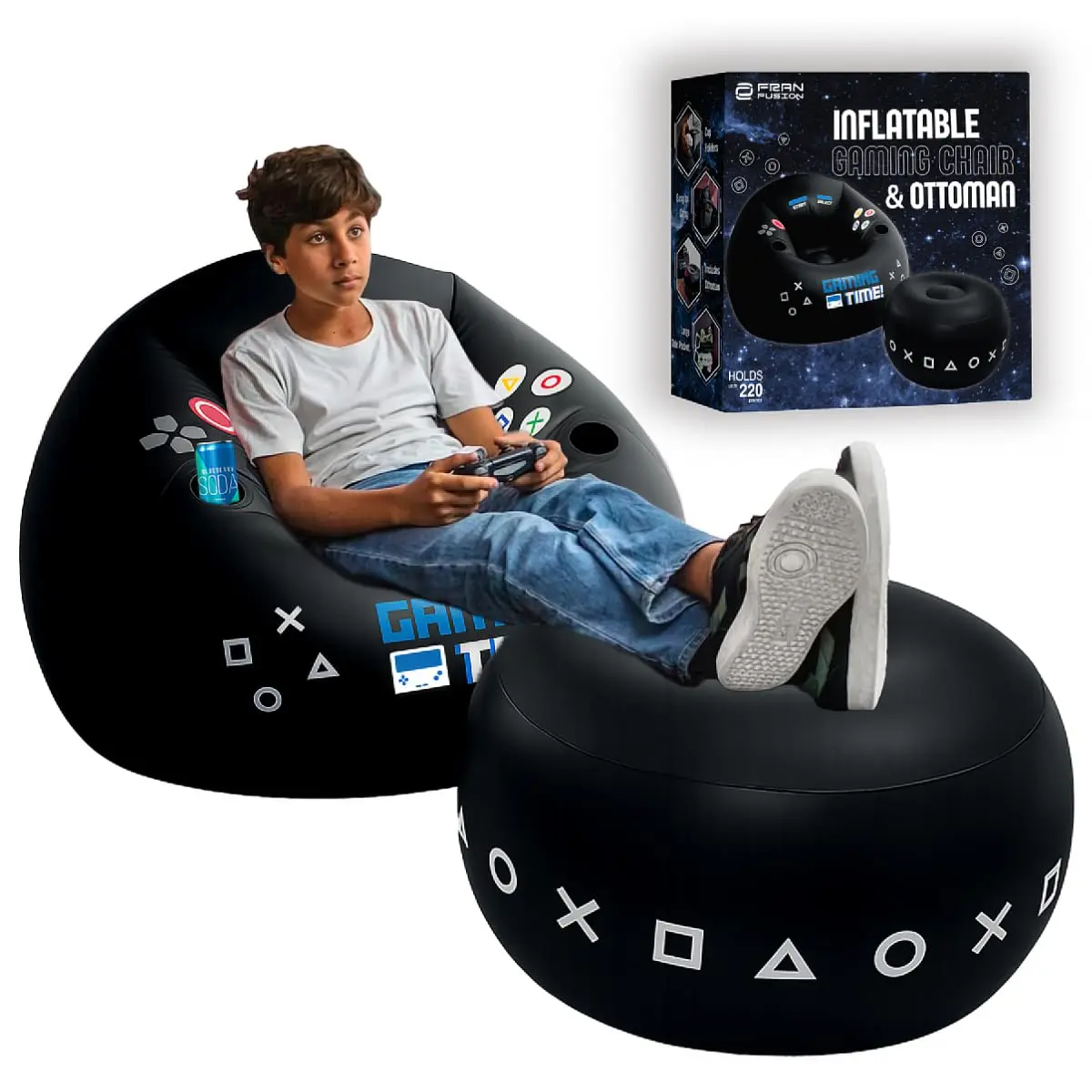FranFusion Inflatable Gaming Chair for Kids & Teens with Cup Holders and Side Pocket - This Air Bean Bag Game Chair is The Perfect Furniture for Gamer Room Décor