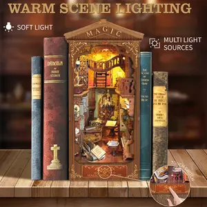 Magic House, DIY Booknook Stand Miniature Kit Shelf Insert 3D Wooden Puzzle Bookend Decor Alley with Led Light Crafts for Adults Handmade Gifts Vintage Handcrafted
