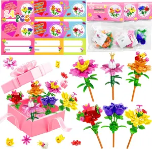24 Pack Valentines Day Gifts for Kids, Flowers Bouquet Building Blocks with Cards, Valentine's Classroom Gift Exchange, School Prizes Party Favors