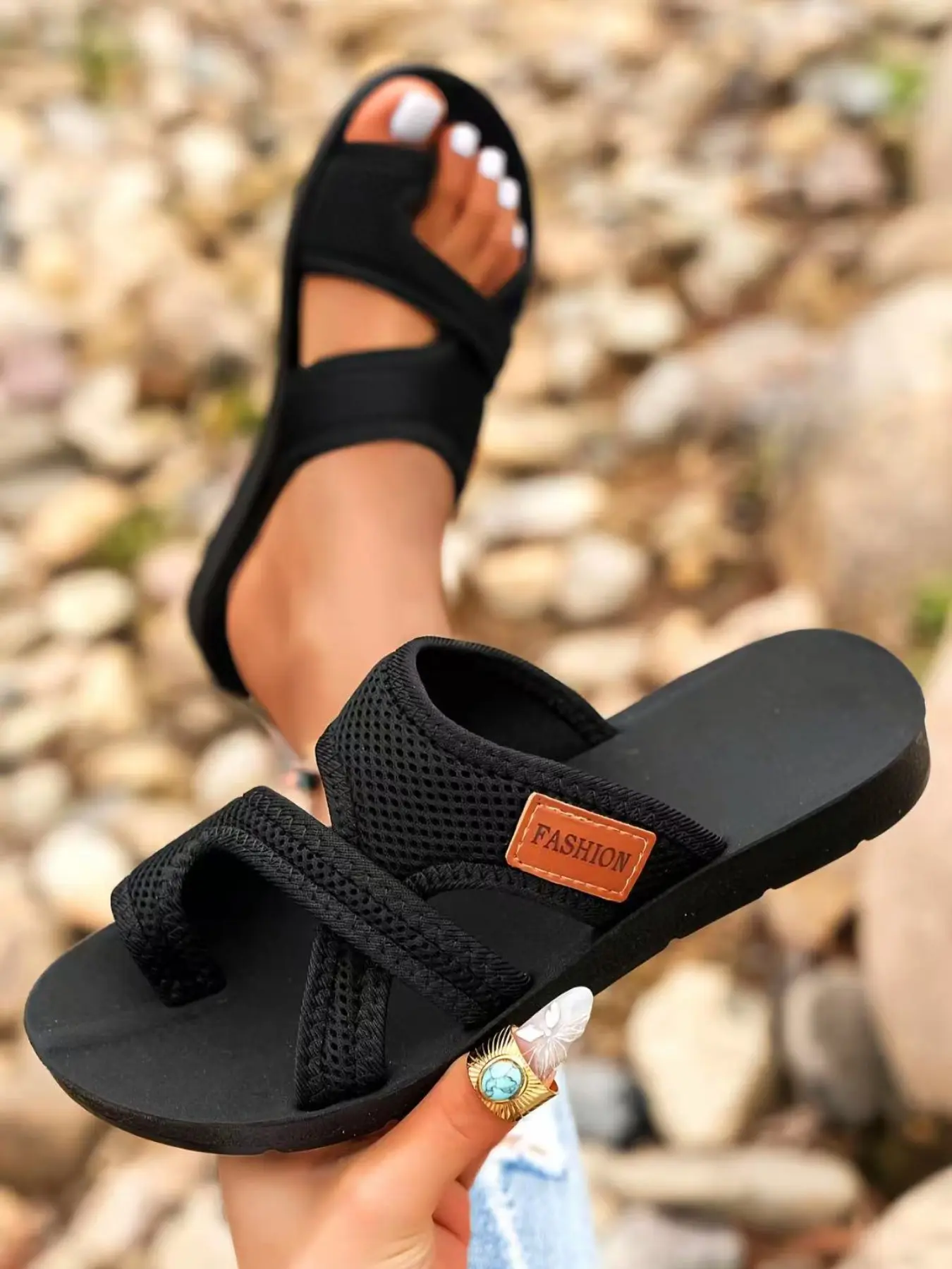 Women's Fashionable Contrast Mesh Design Slip on Toe Thong Slides, Casual Comfortable Breathable Flat Sandals, Summer Style Sandals, All-Match Outdoor Sandals, Daily Wear Footwear