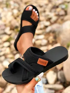 Women's Fashionable Contrast Mesh Design Slip on Toe Thong Slides, Casual Comfortable Breathable Flat Sandals, All-Match Outdoor Sandals