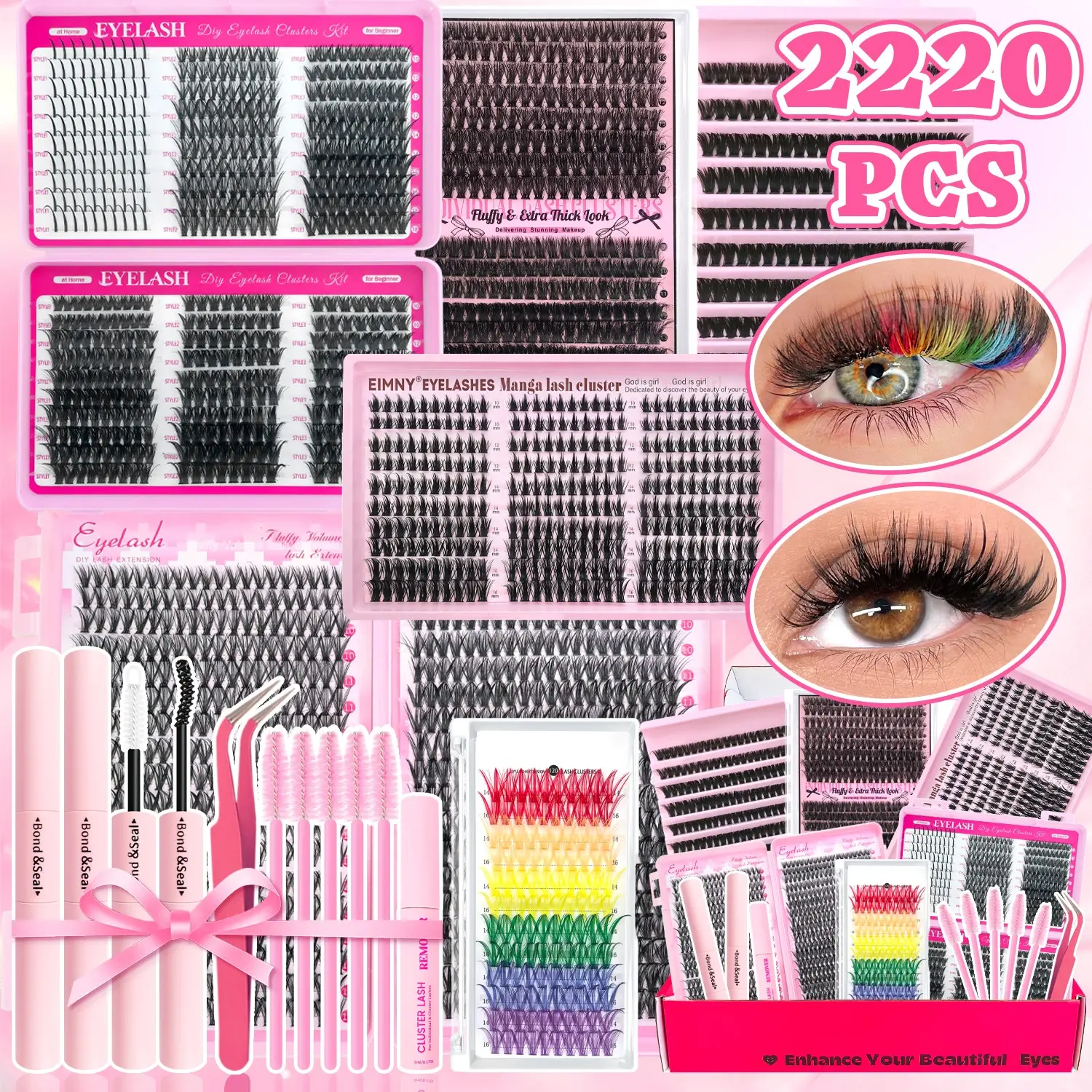 2220pcs Eyelash Extension Kit Gift Set, Cosmetic False Lashes, 10-18mm D-Curl, Includes Adhesive & Tweezers, Fluffy Long-Lasting Lashes for Beginners, Eyelash Extensions Set