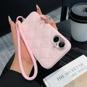 Viral Luxury Quilted Leather iPhone Case with Wrist Strap| Elegant Pink Soft Leather Shockproof Cover with Lanyard for iPhone 16/15/14 Pro Max, Aesthetic Fashion Accessory