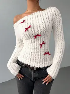Women's Bow Decor Asymmetrical Neck Tee, Cute Long Sleeve Top for Fall & Winter, Women's Clothing for Daily Wear（gift） Lace Womenswear（gift）