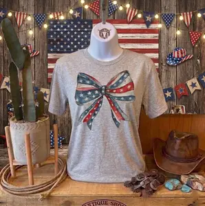 Patriotic Bow Graphic T-shirt, 4th of July Western Style, cowboy stuff, western graphic tees, Women's clothes, country girl shirt, independence day, Unisex Crewneck, fourth of july, patriotic shirt