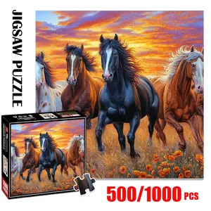 1pc 1000 piece adult puzzle 58x58cm Running Horses under Sunset with Poppies 500 pieces paper jigsaw puzzle suitable for DIY creative games for adults and families, birthday and holiday stress relief