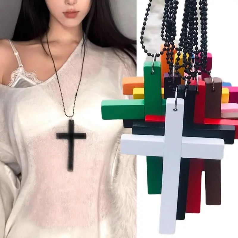 Fashion Punk Gothic Wood Cross Pendants Necklace for Women Black White Red Cross Choker Y2k Hip Hop Necklace Sweater Chain Gifts