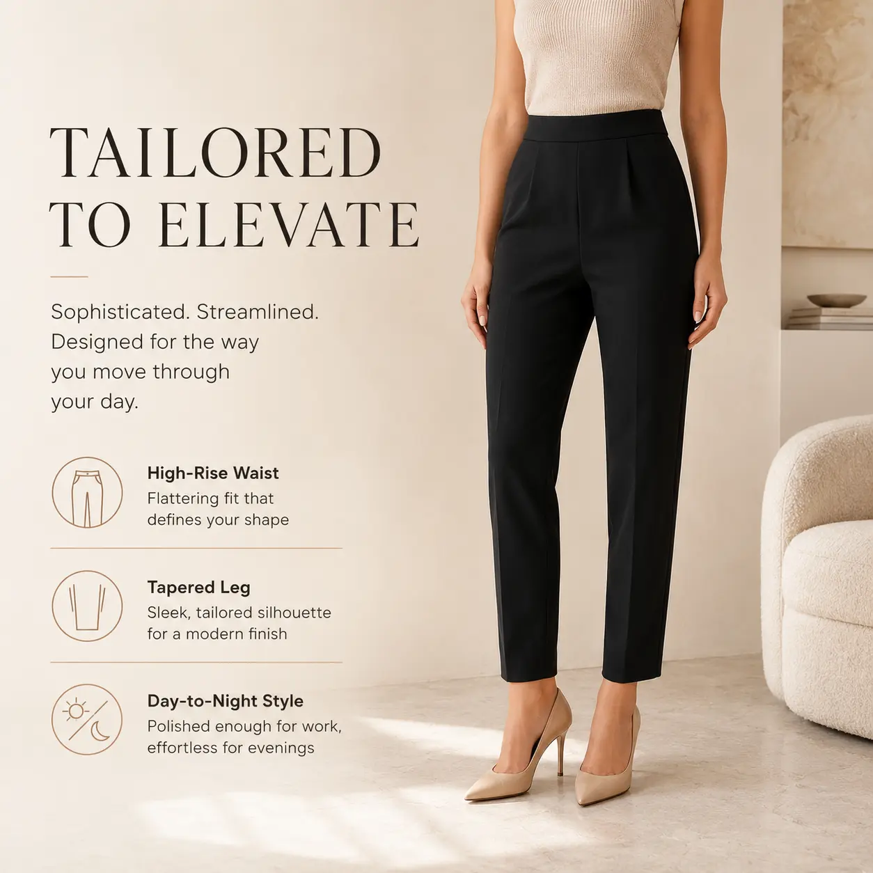 Women's Elastic High-Waist Straight-Leg Solid Black Ankle-Length Comfortable Trouser - Everyday Elegant Casual Piece, Minimalist Basic Womenswear Bottoms for Daily Style Outfits, One Piece