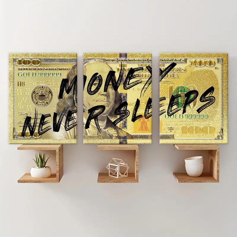 Money Never Sleeps Theme Wooden Framed Canvas Painting, 3 Counts Modern Art Fashion Decoration, Modern Art Design, Wall Art for Home Living Room Bedroom Office, Poster