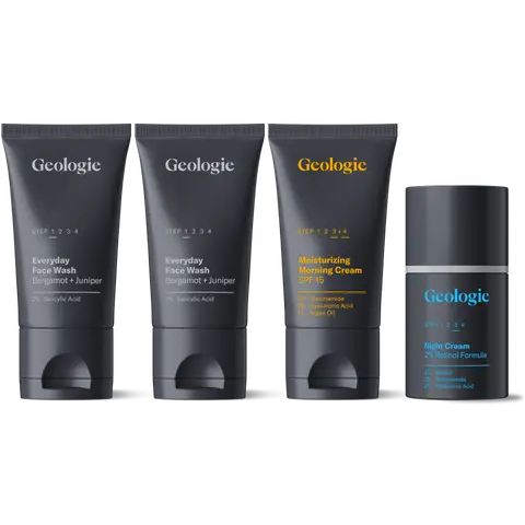 Geologie Skincare Hero Set | 4-Piece Kit Includes 2 Face Washes, SPF15 Moisturizer & Retinol Cream  | Derm-Grade Daily Routine for Clear, Healthy Skin for Men and Women | Lasts 30 Days Comfort