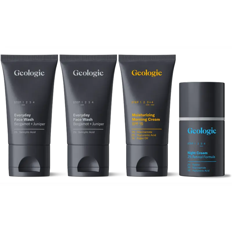 Geologie Skincare Hero Set | 4-Piece Kit Includes 2 Face Washes, SPF15 Moisturizer & Retinol Cream  | Derm-Grade Daily Routine for Clear, Healthy Skin for Men and Women | Lasts 30 Days Comfort