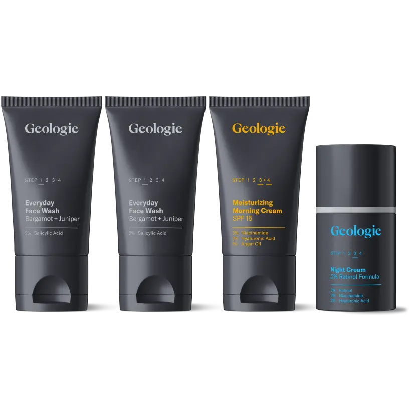 Geologie Skincare Hero Set | 4-Piece Kit Includes 2 Face Washes, SPF15 Moisturizer & Retinol Cream  | Derm-Grade Daily Routine for Clear, Healthy Skin for Men and Women | Lasts 30 Days Comfort