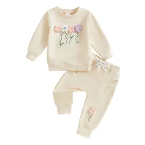 Meihuida Toddler Baby Girl Fall Winter Clothes 3D Flower Embroidery Sweatshirt Long Sleeve Pullover Tops Jogger Pants Cute 2Pcs Sweatsuit Tracksuit Set