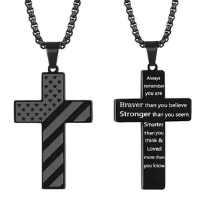 Cross Necklace Double-Sided Pendant with Bible Verses & American Flag Unisex for Men Women Meaningful Gift for Everyday Wear hip hop