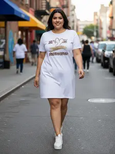 Women's Plus Size Casual Heart & Letter Print T-Shirt Dress - Stretchy Round Neck, Machine Washable, All-Season Comfort, Black with White Graphic Design, Casual Attire, Trendy Fashion, Durable Material, Fashion Lovers - Womenswear