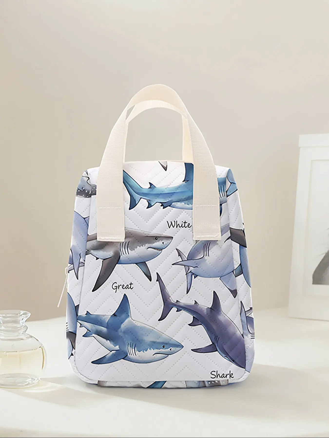 Reusable Shark Print Women's Handbag, Handheld Cosmetic Pouch, Cosmetic Storage Bag with Compartments, Ideal for School, Work, Travel, Business Trips