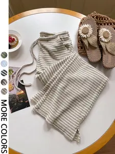 Women's Summer Knitted Striped Drawstring Pocket Casual Loose Wide Leg Pants, Perfect for Daily Wear and Vacations