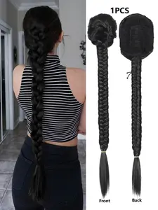 1 Pcs 24 Inch Synthetic Ponytail Braided Extension Hair Fishbone Braiding Hair Ponytail Extensions Black Color Drawstring Ponytail Clip In Fake Hair For Women Wear Daily Party Cosplay And Carnival Festival