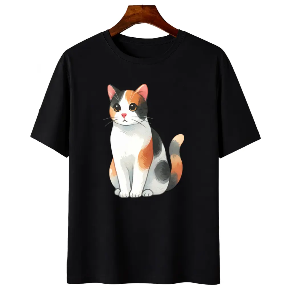 Men' Vintage Calico Cat T-Shirt - Suitable for - Loose Fit Round Neck Tee with Calico Kitten, Casual Casual Attire for, Hand Washable Retro Shirt