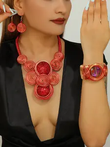 1 set of exaggerated red metal spiral round plate necklace earrings and bracelet set, retro ethnic style woven diamond-accented personalized jewelry, suitable for party, wedding dress, and women's wear