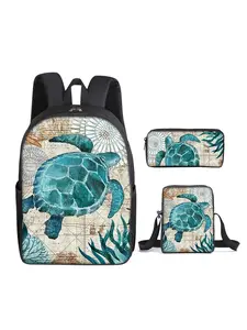 Turtle pattern printed 16-inch backpack three-piece set (single-layer backpack + small satchel + single-layer pencil case)