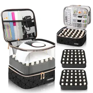 Clear Nail Polish Organizer Holds 60 Bottles (15ml/0.5fl.oz)& Nail Lamp, Double Layer Nail Supplies Organizer Case Transplant, PU Leather Nail kit Storage Bag for Manicure Tools (Black)