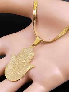 Fatima Hamsa Hand Egyptian Eye Pendant Necklace for Women Men Stainless Steel Gold Color Lotus Necklaces