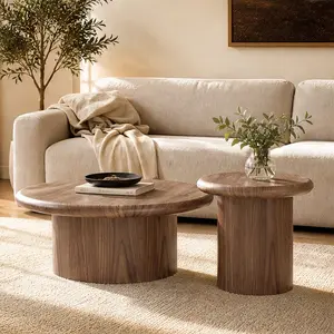 ARCH 2-Piece Modern Round Coffee Table Set - Scratch-Proof MDF Wood Veneer End Side Table Combo, Space-Saving Nesting, Easy Assembly/Clean, Sturdy, Walnut/Black Options, for Living Room Office, Circle Coffee Tables