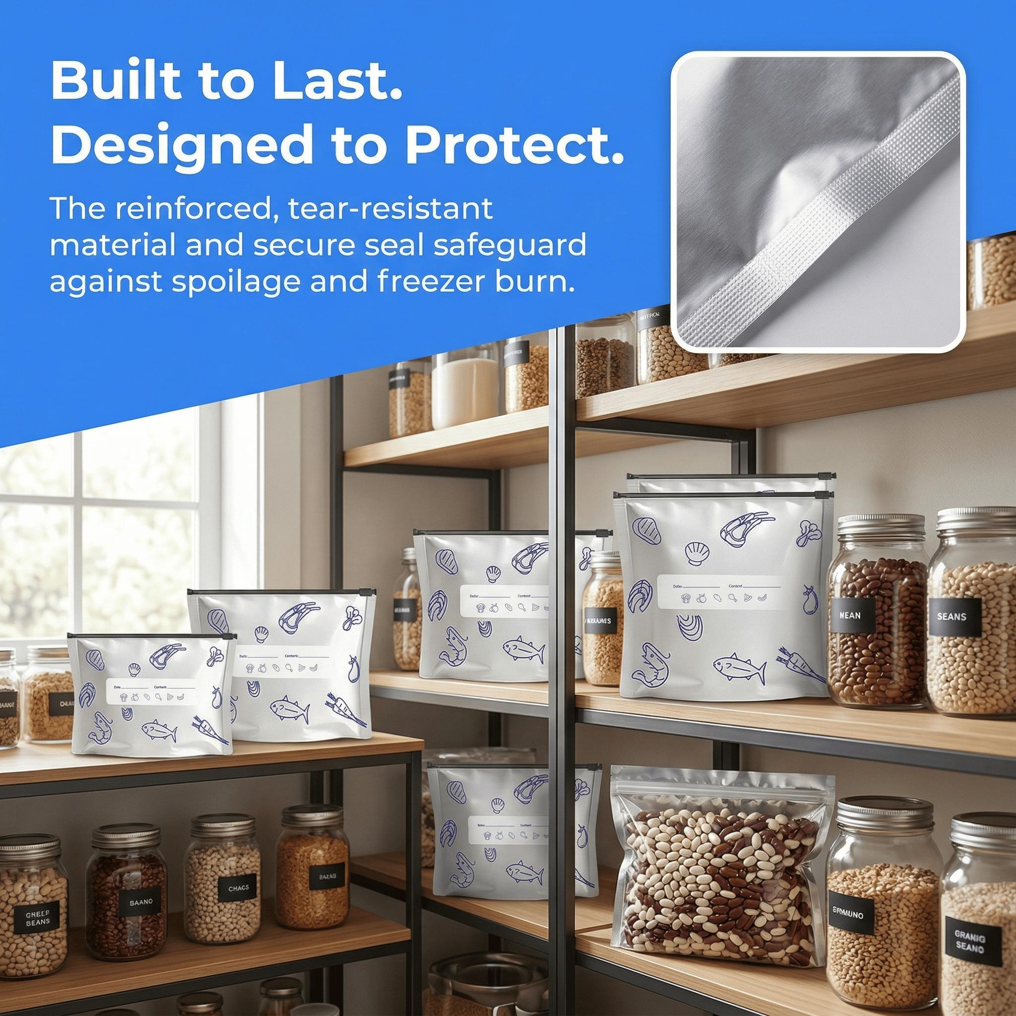 Aluminum Foil Reusable Freezer Bags, Food Grade Leak Proof Ziplock Food Storage Bags with Write-on Label, FCM Certified BPA Free Freezer Safe Bags for Meat Seafood Meal Prep Refrigerator Organization Picnic Travel