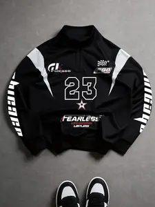 Men's Fall Winter Vintage Badge Star Print High Street Trend Patchwork Hoodie, Casual Graphic Tee for Daily Wear and Outdoor Activities