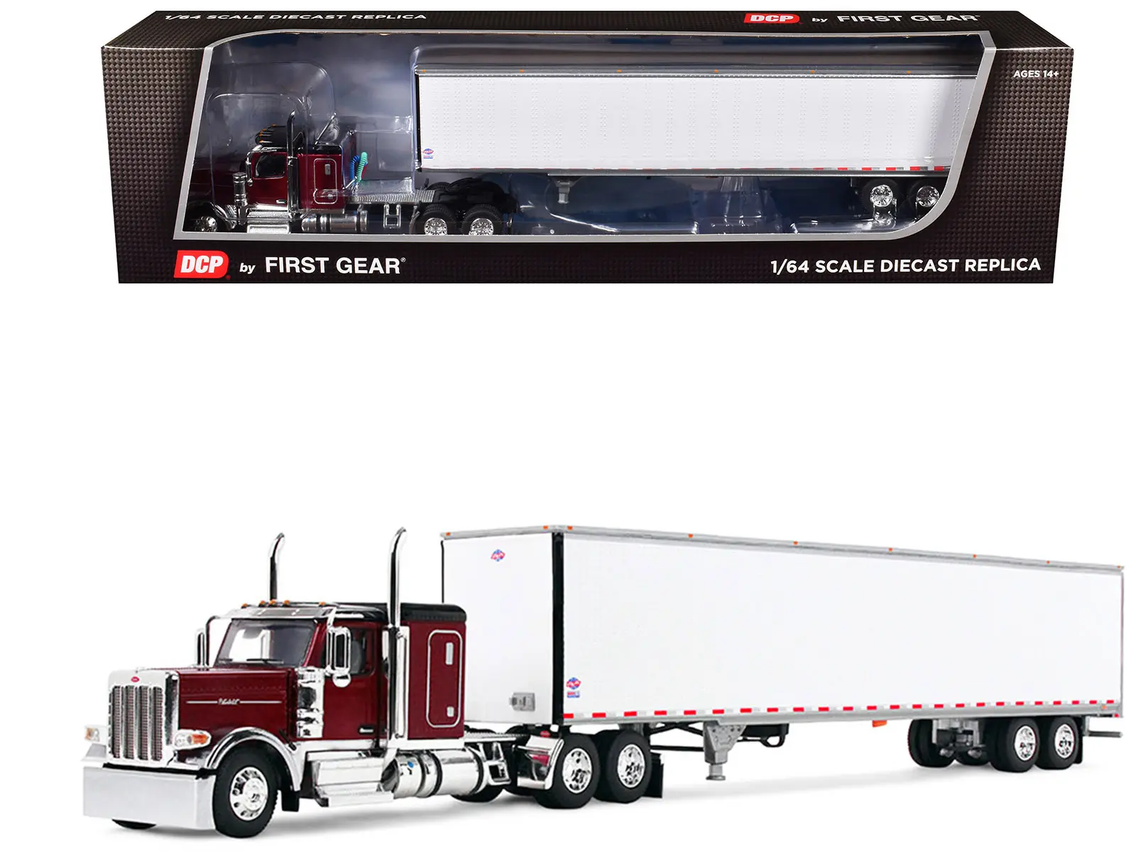 Peterbilt 589 with 58" Flat Top Sleeper and 53' Utility Trailer Legendary Red w/ Black Top 1/64 Diecast Model by First Gear