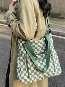 Commuting to school with a large-capacity tote bag, 2026 new checkered pattern single-shoulder handbag for women