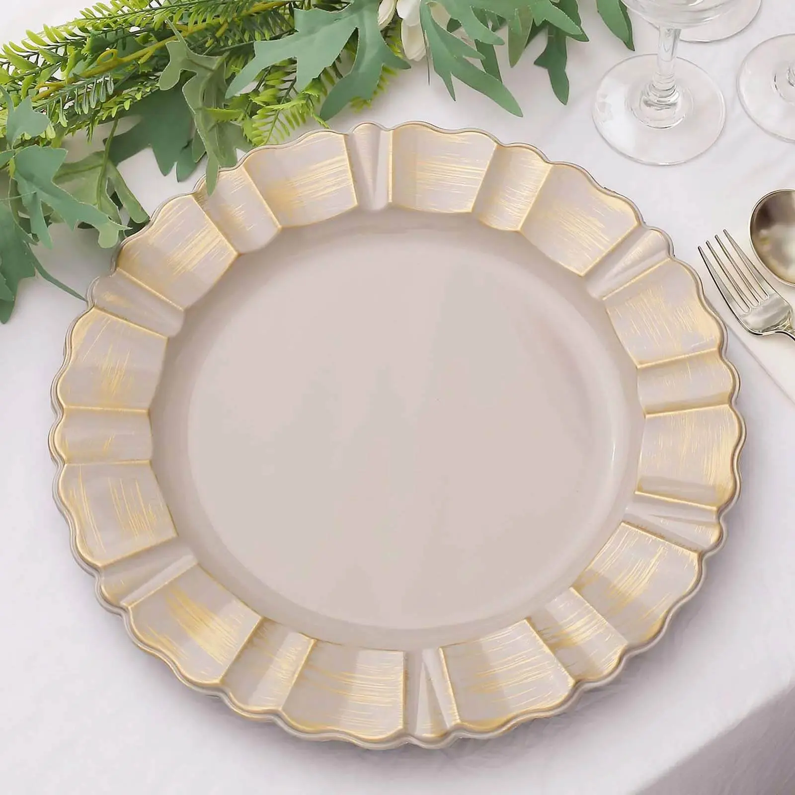 13" Round Acrylic Elegant Plastic Decorated Plates 6-Pack - Nude Taupe with Gold Brushed Wavy Scalloped Rim, Dinner Charger Tableware Dinnerware