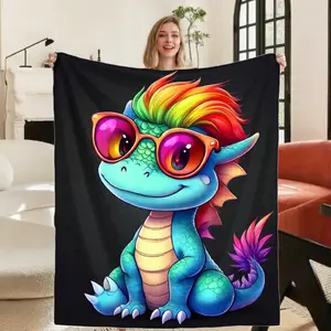 Ultra Soft Flannel Blanket Colorful Dragon Design Rainbow Hair Red Glasses Tail Black Background All Season Cozy Throw Machine Washable Bedspread Room Decor Bedroom Patchwork Quilt Sister Gift From Sister Girlfriend Gift