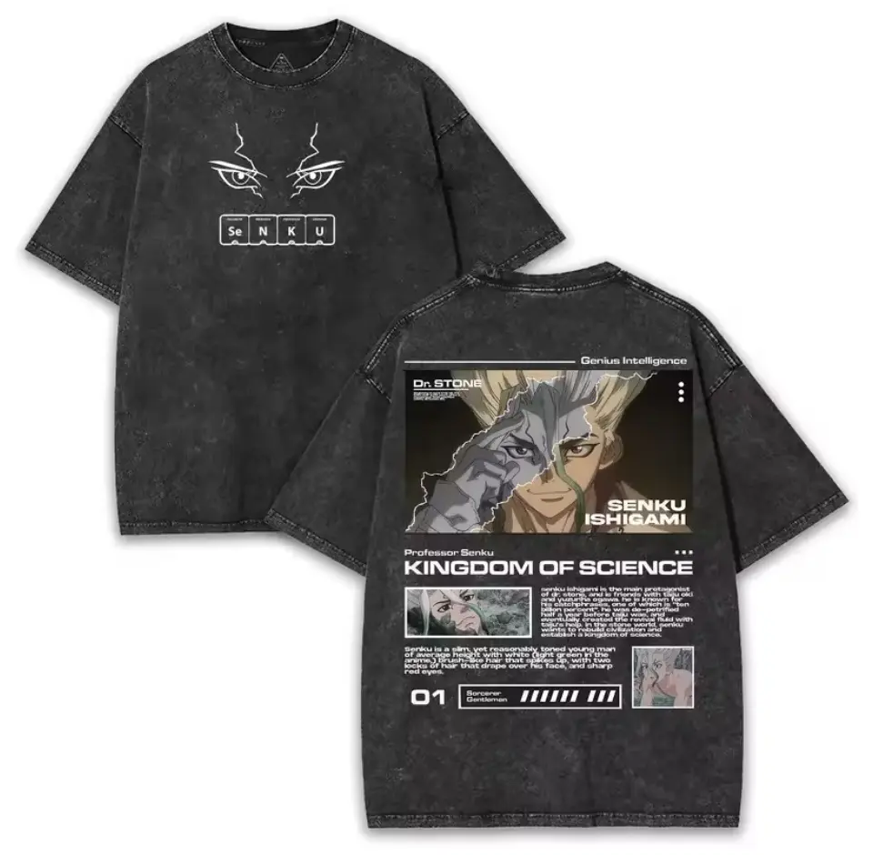 Ishigami Senku Graphic T-shirt Dr. Stone Anime Vintage Washed Oversized T Shirt Men Women Clothing Cotton Short Sleeve Tees