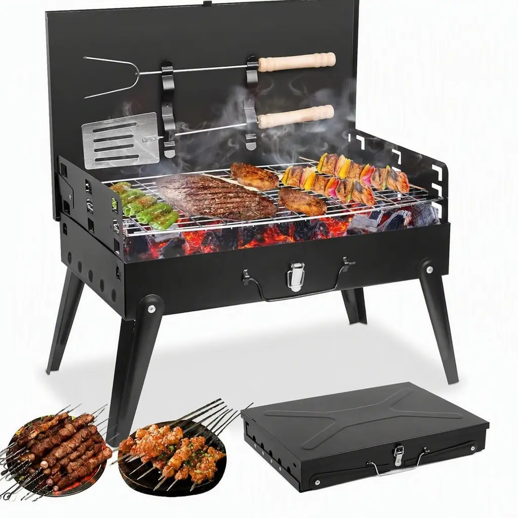 Portable Charcoal Grill, Foldable Camping Mini Grill for Outdoor Cooking, Compact Design Barbecue Accessories with Barbecue Tools, Perfect for Beach, Backyard, Picnics