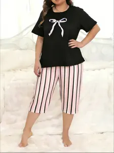 Women's Bow Stripe Patchwork Plus Size Short Sleeve Seven-Quarter Pants Sleepwear Set, Colorblock Casual Home Two-Piece