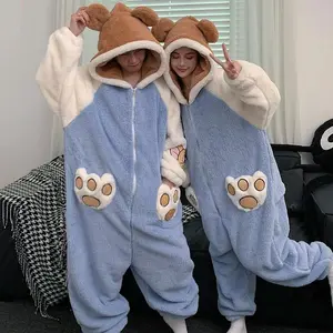 Warm Winter Animal Onesie for Adult Homewear Flannel Sleepwear Lovers Jumpsuit Fleece Coral Velvet Pajamas Women Mens Loungewear