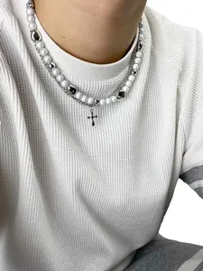 Men's Punk Style Faux Pearl Decorated Cross Pendant Necklace, 1 Piece Casual Matching Trendy Layered Necklace, Fashion Accessories for Party & Daily Wear Beaded Necklace