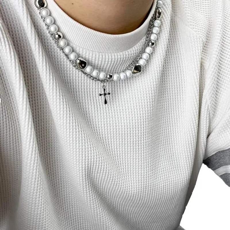 Men's Punk Style Faux Pearl Decorated Cross Pendant Necklace, 1 Piece Casual Matching Trendy Layered Necklace, Fashion Accessories for Party & Daily Wear Beaded Necklace Faux Pearl Jewelry, Fashionable Accessory