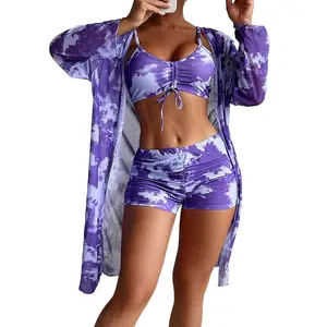 YOUNGDEER Women's 3 Piece Bikini Set Tie Dye Swimsuit Long Sleeve Cover Up Tummy Control Bathing Suit Printed Swimwear