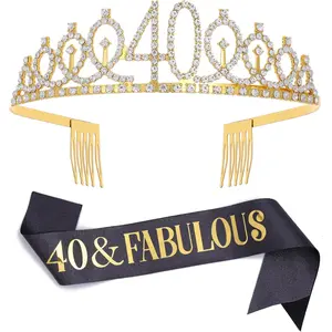 Black Gold Sash & Rhinestone Tiara Set, 40th Birthday Gifts for Women, Birthday Sash/Tiara for Women's 40th Birthday Decoration (Black 40th)