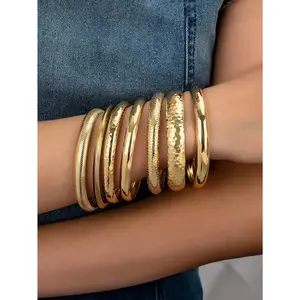 7 Pcs Chunky Wheels Metal Cuff Bangles Bracelets Set , Women Bracelets Set , Stacked Bangles Jewelry For Women , Chunky Wheels Cuffs Bangle Set