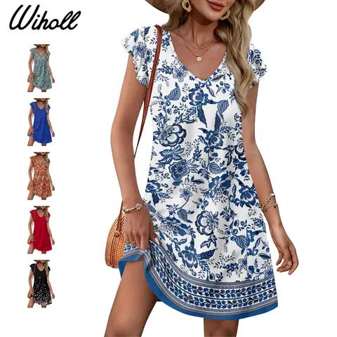WIHOLL Women's Summer Casual Swing Dress - Ruffle Sleeve Flair, V-Neck, Loose Fit, Polyester Blend, Real Pockets, Solid/Print Options, Casual Wear, Minimalist, Church/Beach Outfits, Sweet Feminine Look, Check Size Chart