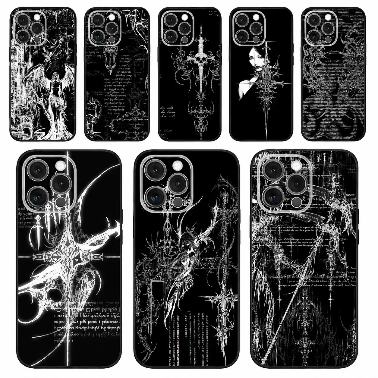 Gothic Cyber Sigil Cross Phone Case For iPhone 17 Pro Max Air,16,15,14,13,12,11,Pro,Max,Plus,X,XS,XR,SE,8,7,Mini & Samsung Galaxy S26 Ultra S24 S23 S22 S21 Plus Soft Silicone Black Case Protection Smartphone